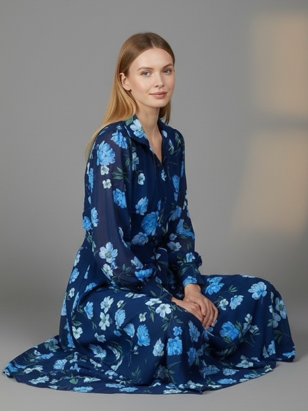 Yumi Kim Navy Floral Print V Neck Belted Long Sleeve Maxi Dress S